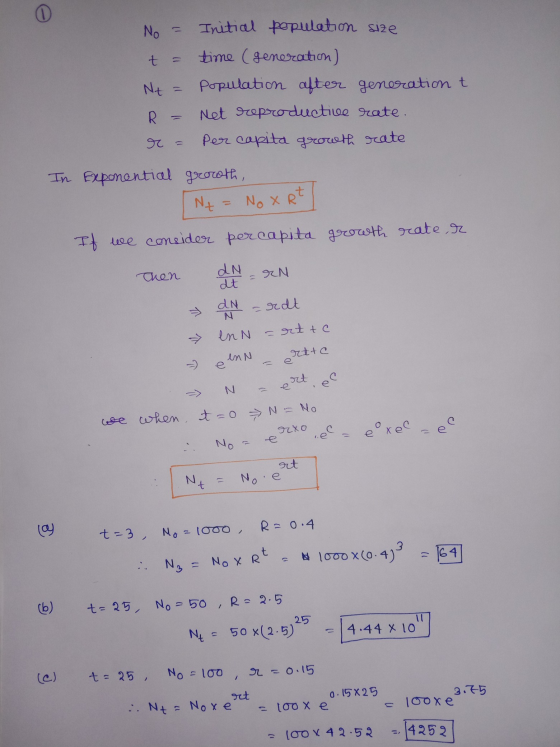 No = Initial population size t = time (generation) Nt = Population after generation t R = Net reproductive rate. r = Per capi