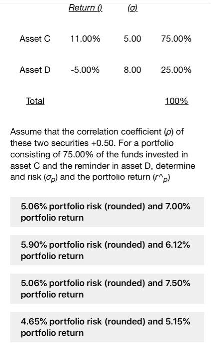 Return ). (). Asset C 11.00% 5.00 75.00% Asset D -5.00% 8.00 25.00% Total 100% Assume that the correlation coefficient (p) of