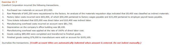 Exercise 15-7 Crawford Corporation incurred the following transactions. 1. Purchased raw materials on account $53,000. 2. Raw
