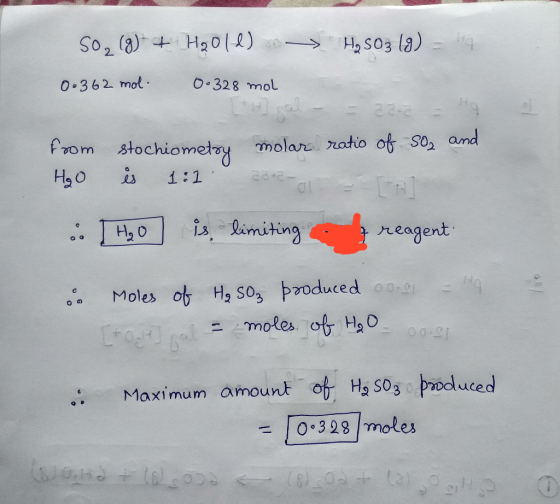 50,(8) + Hgoll) → Hys03 (3) - Hq 0.362 mol 0.328 mol H al- = 23.c = 9 from stochiometry molar ratio of so, and H90 és 1:1 co