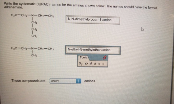 Write the systematic (IUPAC) names for the amines shown below. The names should have the format alkanamine. HEC-CH2-N-CH2-CH3
