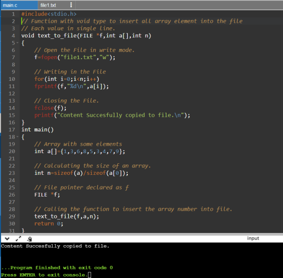 *** main.c file1.txt 1 #include<stdio.h> 2 \/ Function with void type to insert all array element into the file 3 // Each val