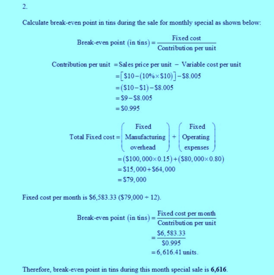 Calculate break-even point in tins during the sale for monthly special as shown below: Fixed cost Break-even point in tins) =