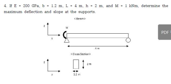 4. If E - 200 GPa, b = 1.2 m, L = 4 m, h = 2 m, and M = 1 kNm, determine the maximum deflection and slope at the supports. <