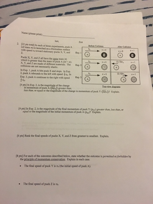 In each of three experiments, puck A (of mass m) i