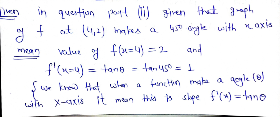 Tiren g f mean =2 in question part (1) given that groph at (4,2) makes a 450 angle with a axis value og f(x=4) = and f(x=4)