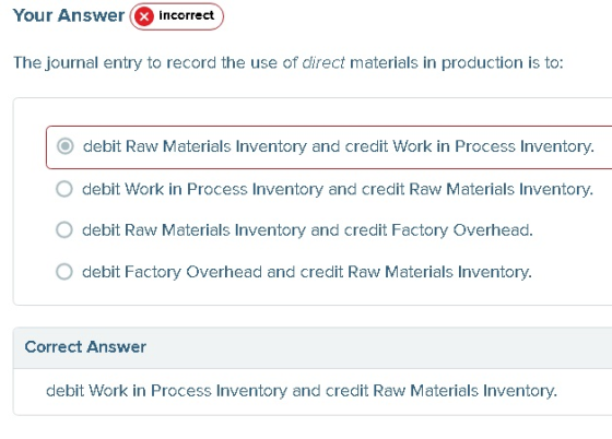 Your Answer incorrect The journal entry to record the use of direct materials in production is to: debit Raw Materials Invent