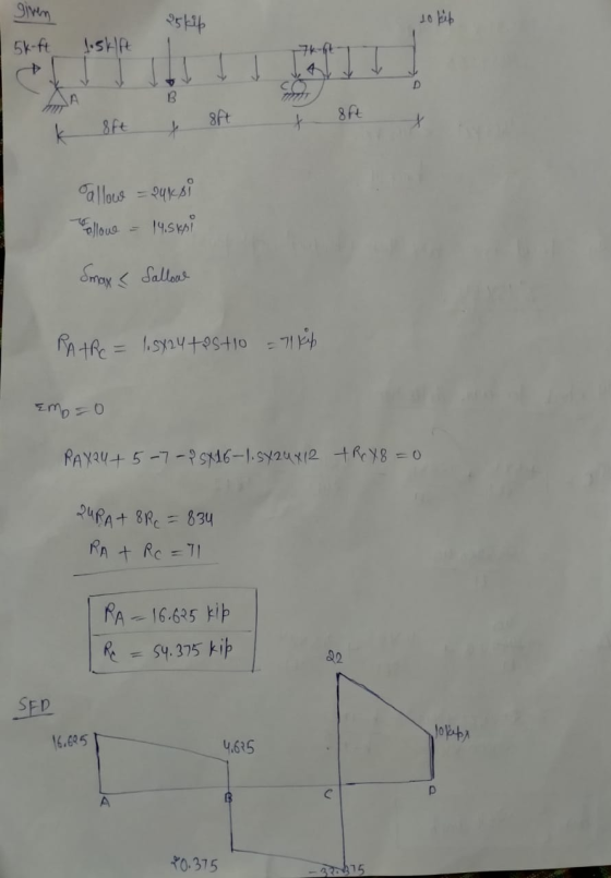 given 25 kip so kip 5k ft l.skift JJ 7k-ft 4 D B 8ft 8 Ft 8ft + allow = auksi allowe 145ksi Smax < Sallow RA TRC = 1.5x24 tes