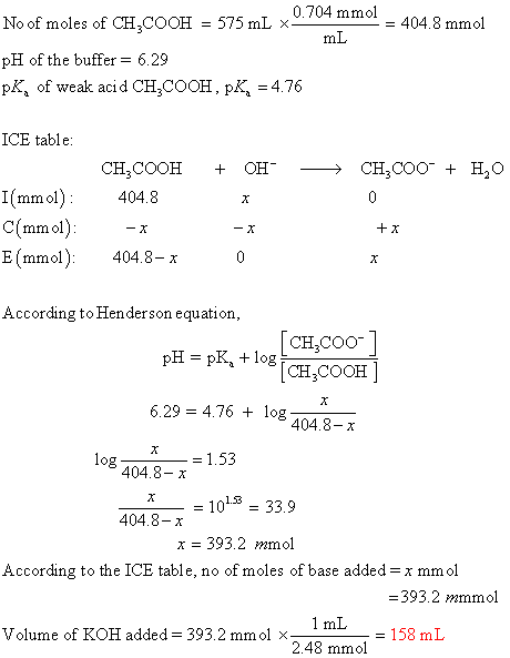 0.704 mmol = 404.8 mmol No of moles of CH3COOH = 575 mL × pH of the buffer= 6.29 pK, of weak aci d CHCOOH, pK, -4.76 mL ICE t