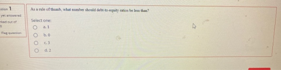 As a rule of thumb, what number should debt-to-equity ratios be less than? stion 1 yet answered rked out of 0 Select one: a.