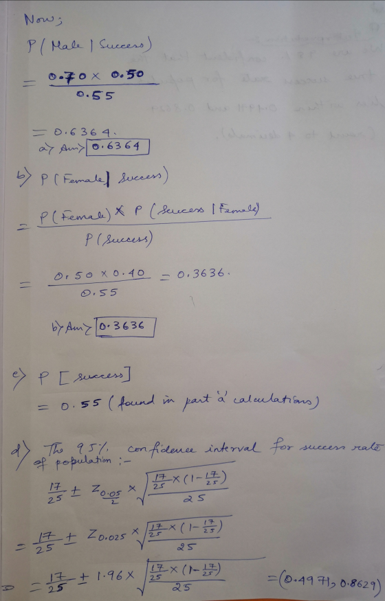Now, Pl Male I Success) 0.70 0.50 = 0.55 P.PL =0,6364. ay And 0.6364 b> p (Female) success) = P(Female) x P (Sucess (Female)