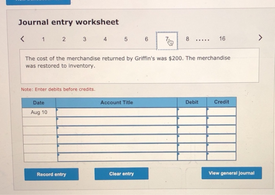 Journal entry worksheet < 1 2 3 4 5 6 8 ..... 16 > The cost of the merchandise returned by Griffins was $200. The merchandis