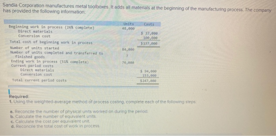 Sandia Corporation manufactures metal toolboxes. It adds all materials at the beginning of the manufacturing process. The com