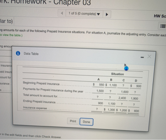 n. Momework - Chapter 03 1 of 5 (0 complete) HW SC ar to) amounts for each of the following Prepaid Insurance situations. For