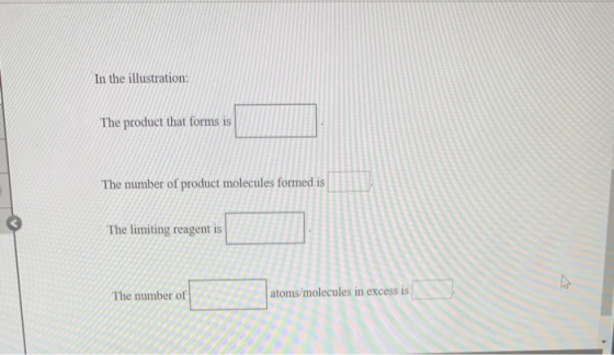 In the illustration: The product that forms is The number of product molecules formed is The limiting reagent is The number o