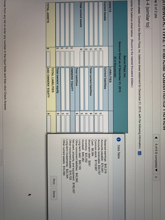 e: 0 of 2 pts -4 (similar to) Balance Sheet as of December 31, 2015 Data Table BILITIES eamings: $43,319 $74,641 Common stock: $119,967 Cash: $8,384 Total liabilities t liabilities: $42.562 Net plant, property, and equipment $192.427 t assets: $16,725