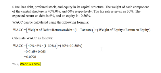 S Inc. has debt, preferred stock, and equity in its capital structure. The weight of each component of the capital structure