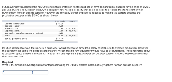 Futura Company purchases the 78,000 starters that it installs in its standard line of farm tractors from a supplier for the p