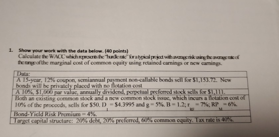 1. Show your work with the data below. (40 points) Calculate the WACC which represents the hurdle rate foratypical project wi