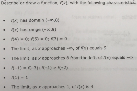 Describe or draw a function, f(x), with the following characteristics: f(x) has domain (-0,8) f(x) has range (-0,9) f(4) = 0;