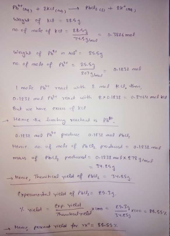 Pbht caq, + 2kel lag. Pbiles) + 2 kt lag, weight of ko = 28.5g. no. of mole of ko = 28.59 = 0.3826 mol 74.5 g/mol weight of P