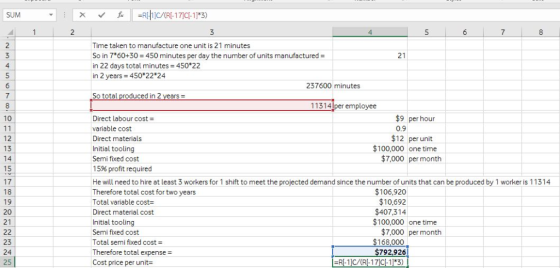 SUM 4 Time taken to manufacture one unit is 21 minutes So in 7 60+30 450 minutes per day the number of units manufactured in