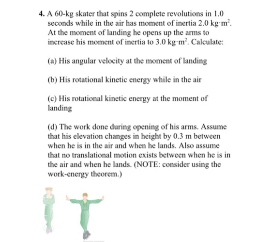 A 60-kg skater that spins 2 complete revolutions i