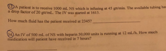 A patient is to receive 1000 mL NS which is infusing at 45 gtt/min. The available tubing a a drop factor of 20 gtt/mL. The IV