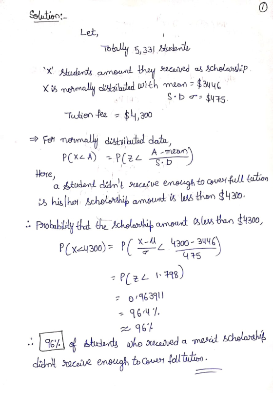 solution: Let, Totally 5, 331 students X students amount they received as scholarship. X is normally distributed with mean