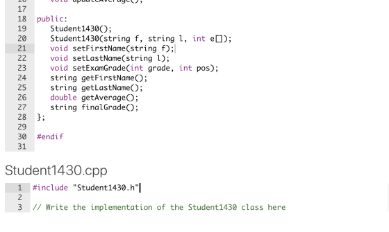 H уоси араассност иус, Od 20 21 AWN public: Student1430(); Student1430(string f, string l, int e[]); void setFirstName(string