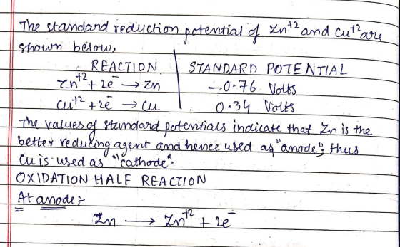 The standard reduction potential of 2n+2 and cut are shown below, - REACTION | STANDARD POTENTIAL enth 2e → zn -0.76 Volts cu