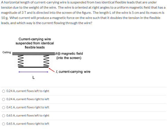 A horizontal length of current-carrying wire is suspended from two identical flexible leads that are under tension due to the