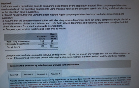 Required: 1. Allocate service department costs to consuming departments by the step-down method. Then compute predetermined o