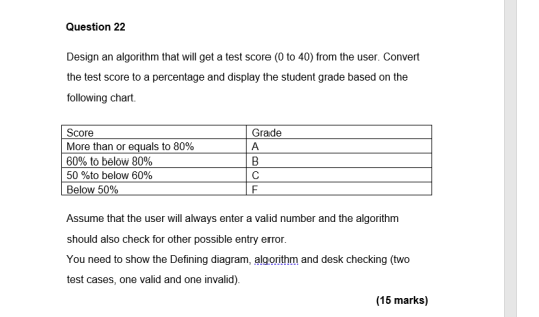 Question 22 Design an algorithm that will get a test score (0 to 40) from the user. Convert the test score to a percentage an