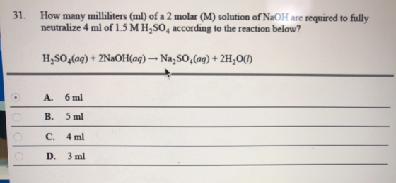 How many milliliters (ml) of a 2 molar (M) solution of NaOH are required to fully neutralize 4 ml of 1.5 M H2SO4 according to