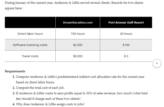 During January of the current year, Anderson & Little served several clients. Records for two clients appear here: DreamVacat