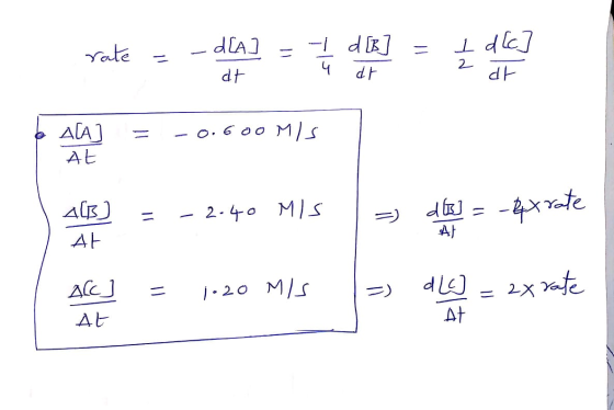 rate = - ] = - . - DLA at d[B udre 2 1 d [c7 at ] = A[A At -0.600 MIS 4(B) = -2.40 MIS = dt] =-&xrate AL Alc] At = 1-20 MIS |