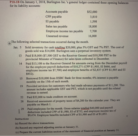 P10-1B On January 1, 2018, Burlington Inc.s general ledger contained these opening balances for its liability accounts: Acco