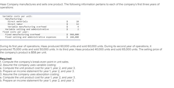 Haas Company manufactures and sells one product. The following information pertains to each of the companys first three year