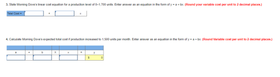 3. State Morning Doves linear cost equation for a production level of 0-1,700 units. Enter answer as an equation in the form
