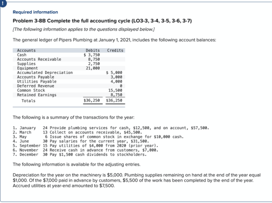 Required information Problem 3-8B Complete the full accounting cycle (LO3-3, 3-4, 3-5, 3-6, 3-7) [The following information a