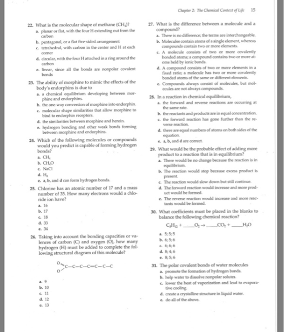 Chapter 2 The Chemical context of Life 15 22. What is the molecular shape of methane (CH)? a. planar or flat, with the four H