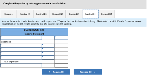 Complete this question by entering your answer in the tabs below. Required B1 Required B2 Required B3 Required CRequired D1Required D2 Assume the same facts as in Requirement c with respect to a JIT system that enables immediate delivery of books at a cost of $160 each. Prepare an income statement under the JIT system, assuming that 240 students enroll in a course CIA REVIEWS, INC. Income Statement Expenses Total expenses 〈 Required C Required D2>