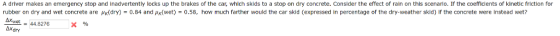 A driver makes an emergency stop and inadvertently locks up the brakes of the car, which sklds to a stop on dry concrete. Conslder the effect of rain on this scenario. If the coefficlents of kinetic friction for rubber on dry and wet concrete are μκ(dry) = 0.84 and μκ(wet) = 0.58, how much farther would the car skid (expressed in percentage of the dry-weather skid) if the concrete were instead wet? Axwes 448276 Axdry