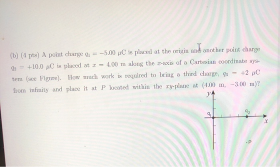 (b) (4 pts) A point charge qı = -5.00 uC is placed at the origin and another point charge 92 +10.0 C is placed at 3 = 4.00 m