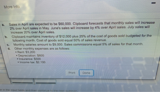 More Info a. Sales in April are expected to be $60,000. Clipboard forecasts that monthly sales will increase 2% over April sa