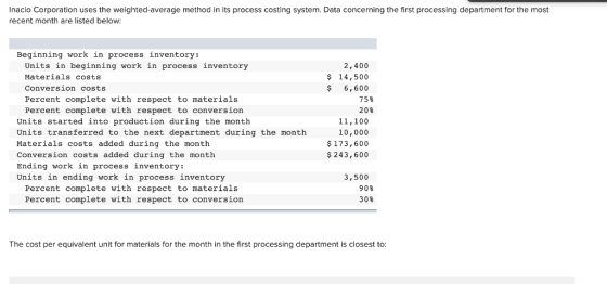 Inacio Corporation uses the weighted average method in its process costing system. Data concerning the first processing depar