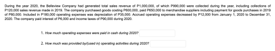 During the year 2020, the Belleview Company had generated total sales revenue of P1,000,000, of which P990,000 were collected