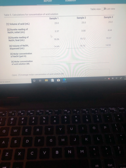 REPORT SUMMARY Table view List view Sample 2 Sample 3 25.0 25.0 3.00 4.64 Table 5. Calculations for concentration of acid sol