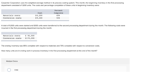 Carpenter Corporation uses the weighted-average method in its process costing system. This month, the beginning inventory in